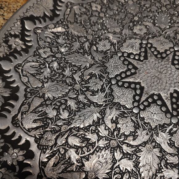 Vintage Handmade Vintage Middle Eastern Round Silver Tray Floral Design - Picture 14 of 16